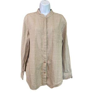 Kim Rogers Womens Gingham Button Up Shirt XL Tan Long Sleeve Preppy Lt Academia